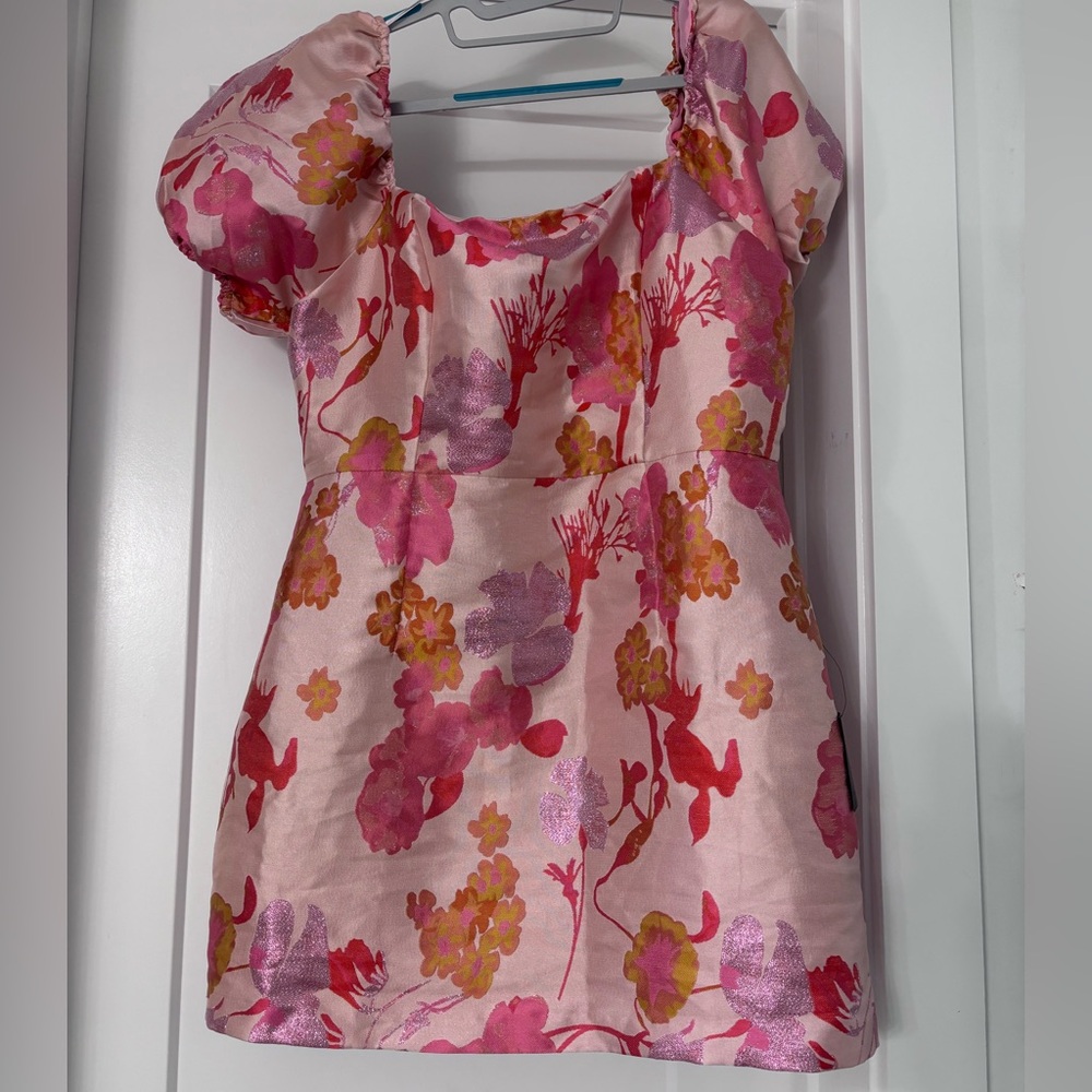 NWT Lulus So Stunning PINK Multi Floral Jacquard Puff Sleeve Mini Dress - Picture 8 of 11